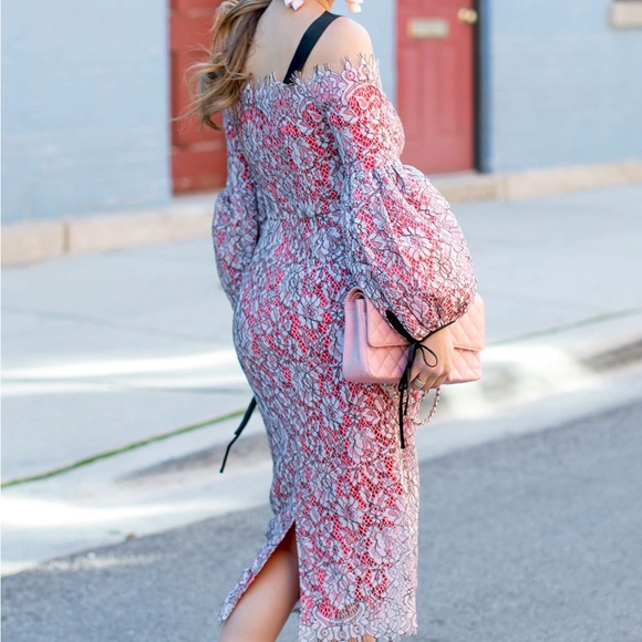 ASOS extreme sleeve Bardot pencil lace midi dress with contrast trims - Picture 2 of 9